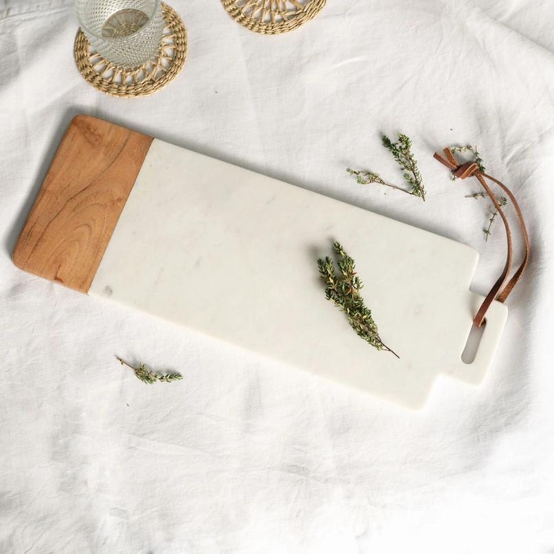 White Marble & Wood Serving Platter by Arthur Cameron