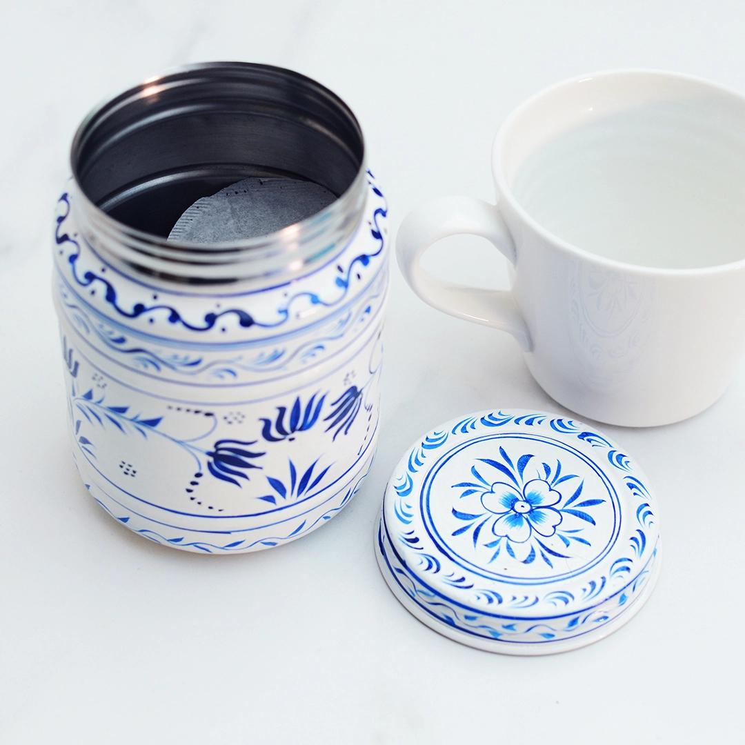 Blue and White Storage Canister