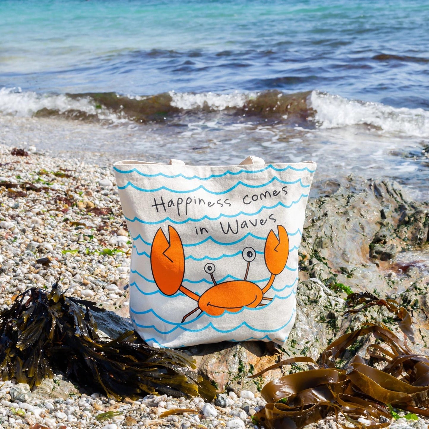 Happiness Comes in Waves Cotton Bag by Gone Crabbing