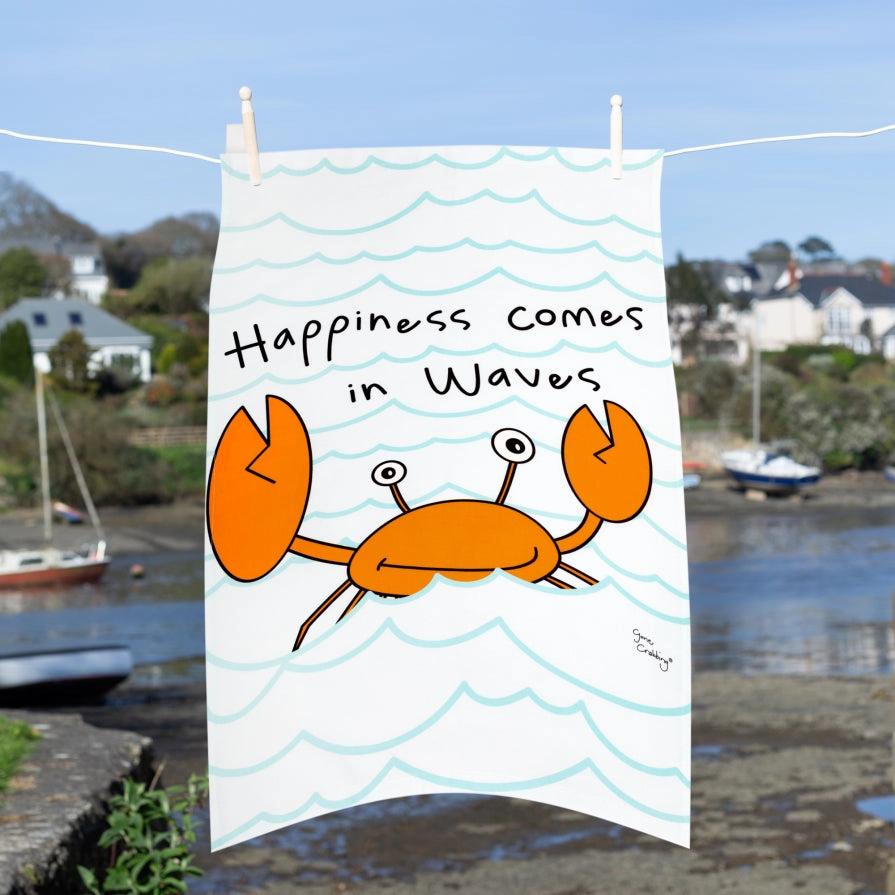 Happiness Comes in Waves Tea Towel by Gone Crabbing